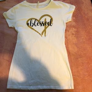 White T-Shirt. Shimmery Gold Heart words #blessed